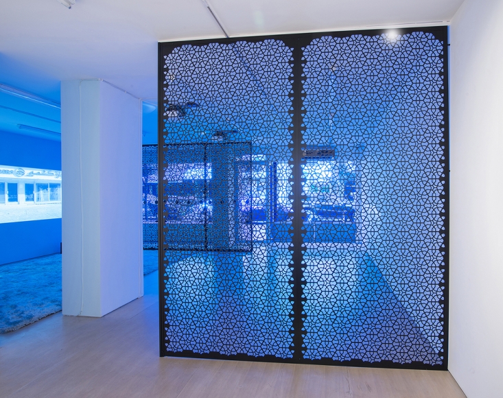 the blue lenses, a video installation, by sue de beer in the gallery in aspen