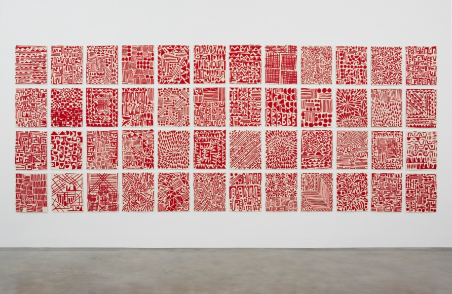 a grid series of red and white artworks by william j. o'brien for sale in a chelsea art gallery