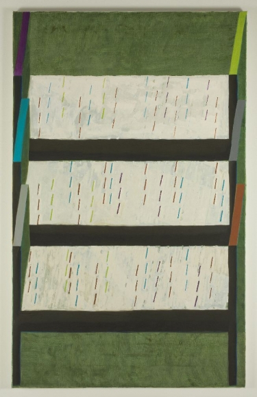 painting of three beds against a green background by jesse chapman