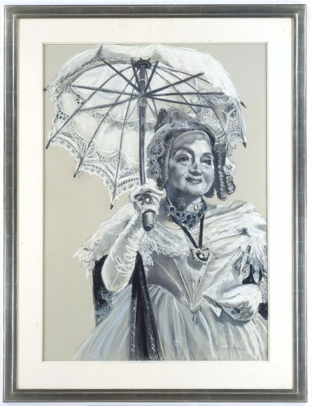 grey portrait of an elderly woman with a parasol by rachel feinstein