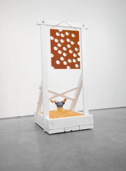 Lot 050816 (honey shot and corn), 2016, Pigmented epoxy resin on linen and wood panel support, acrylic painted wood contraption, with hardware and corn