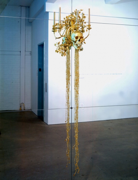 gold skull mounted on a mirror by angelo filomeno