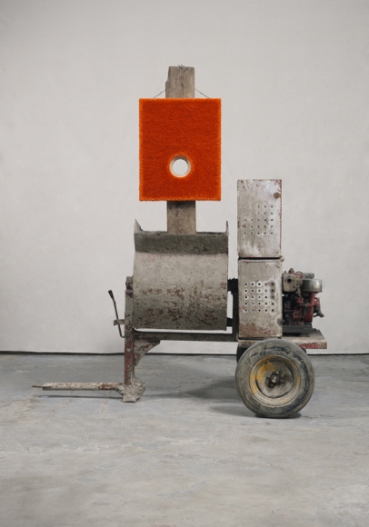a metal and painting sculpture or assemblage by donald moffett in a contemporary art gallery