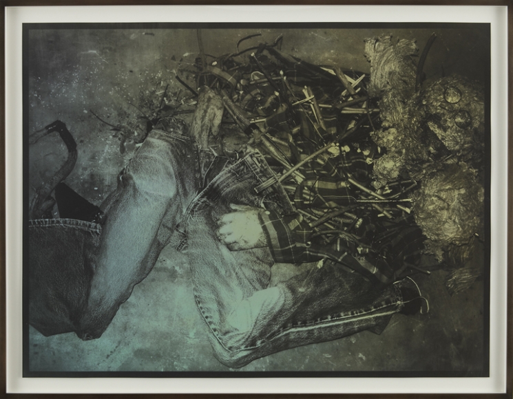 a print of a scarecrow like figure in black and white by jay heikes