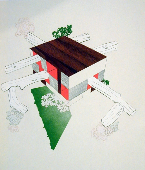 Pink lodge with logs by Kevin Appel