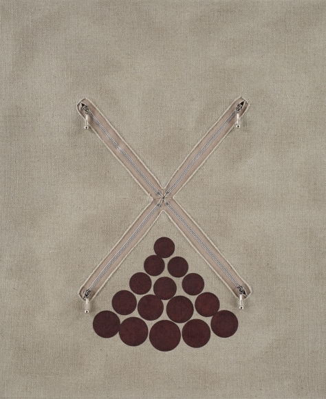 linen panel with red dots and zippers in an X pattern by donald moffett