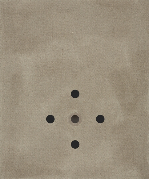 linen panel with five holes by donald moffett
