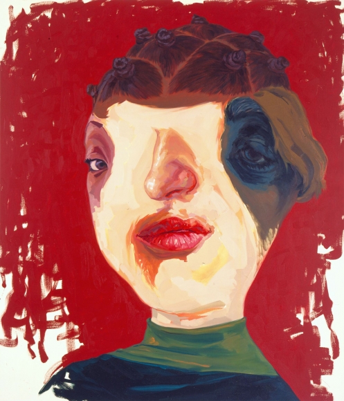portrait of a woman with a red background by yi chen