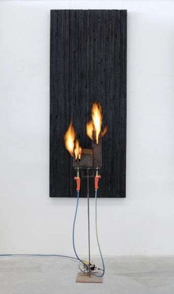 a contemporary sculpture by Pier Paolo Calzolari on view in a Chelsea, New York art gallery