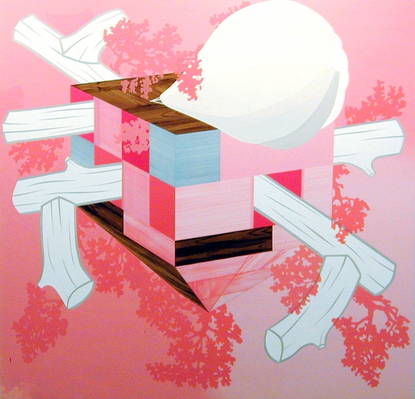 Abstraction by Kevin Appel with logs and pink and blue geometrics