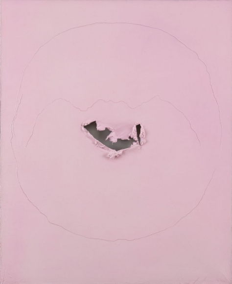 pink painting by lucio fontana with holes