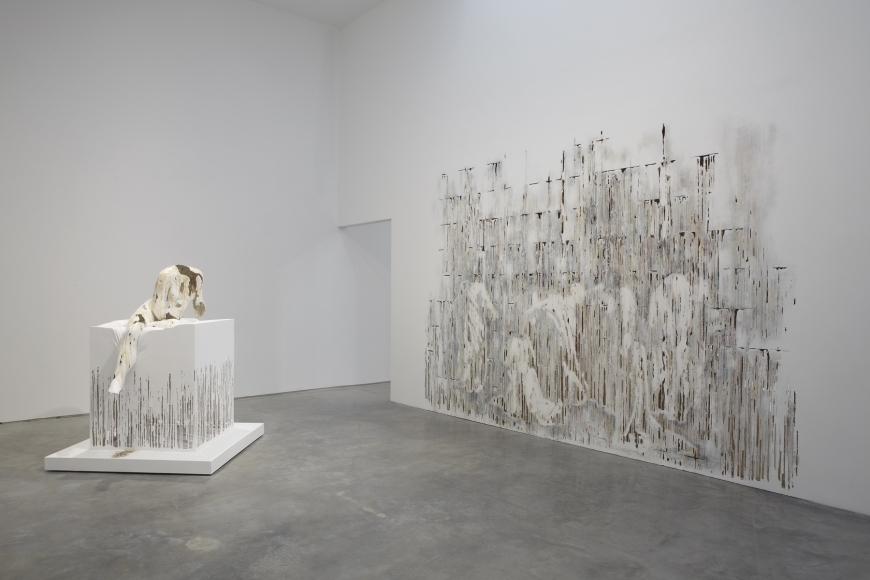 a view of a Chelsea art gallery of Diana Al-Hadid's sculptures and wall panels