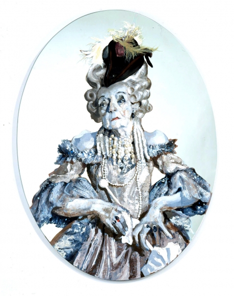 blue roundel with portrait of elderly woman