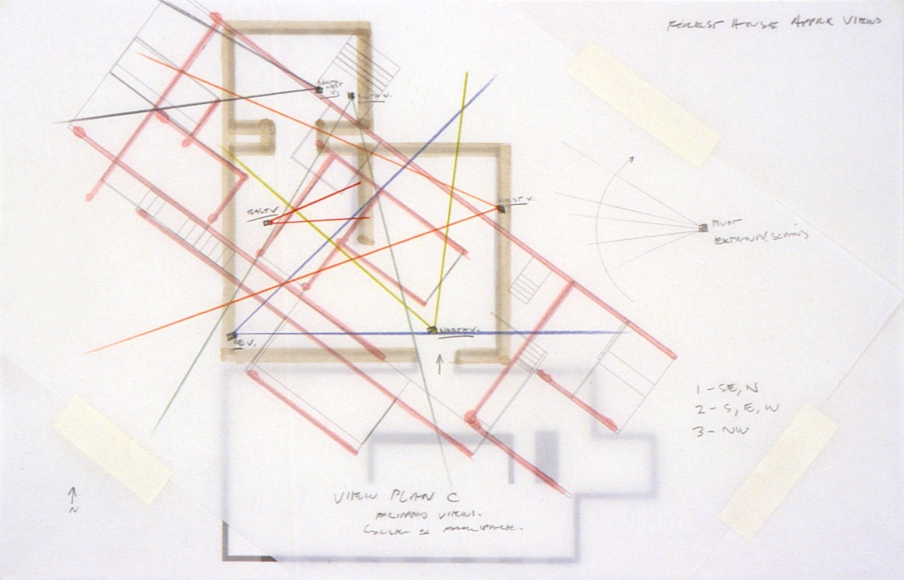 Forest House: Approximate Views, 2001, Colored pencil and ink on paper