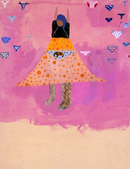 purple scene with woman in polka dot skirt by chinatsu ban