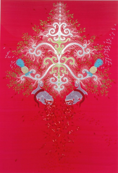 red embroidery with abstract designs by angelo filomeno