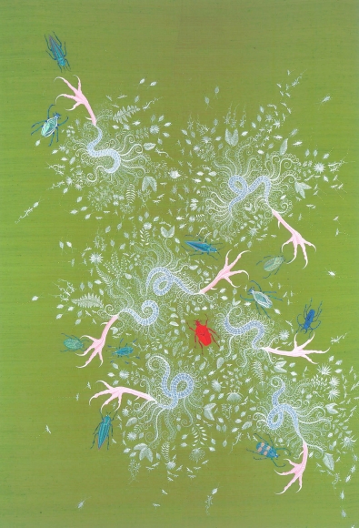 green embroidery with abstract designs by angelo filomeno