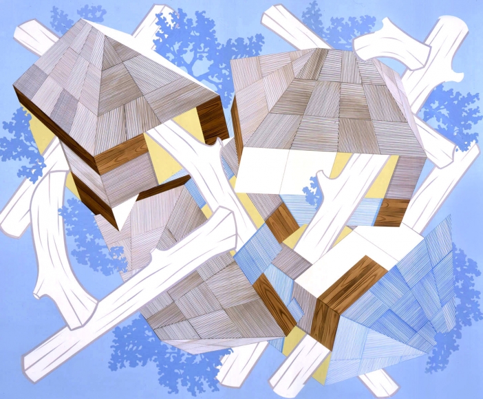 Abstraction by Kevin Appel with logs and blue and yellow geometrics