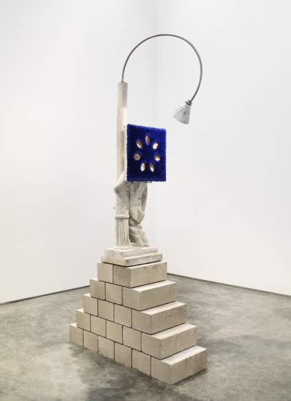 donald moffett's sculptural artworks featuring a painting on a lamp and concrete base