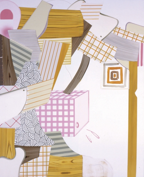 abstract painting with logs and pink and blue patterned shapes