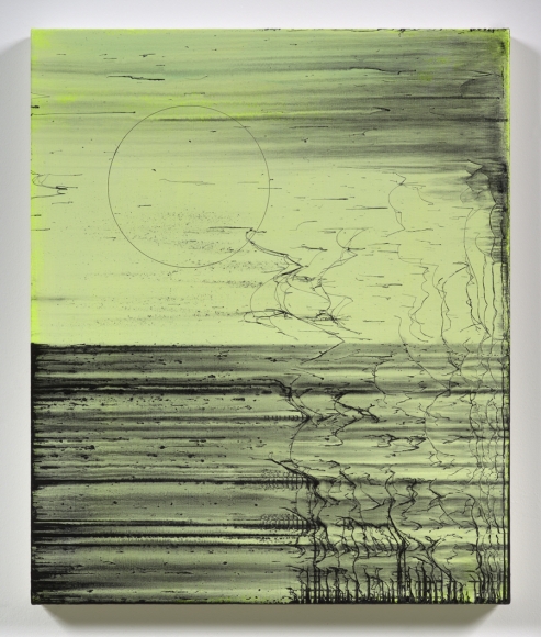 green painting with black abstractions and circle by rachel howard