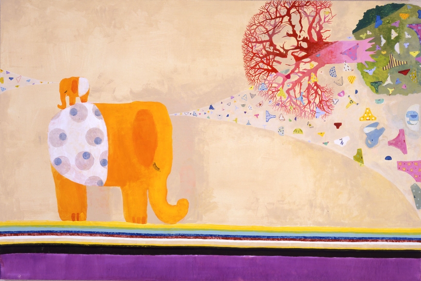 scene with elephant, tree, and floating objects by chinatsu ban
