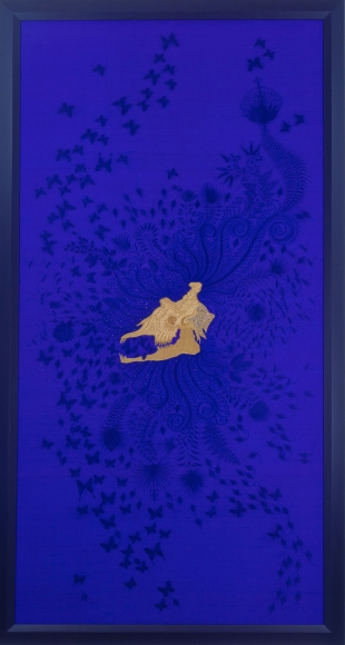 blue embroidery with giraffe skull by angelo filomeno