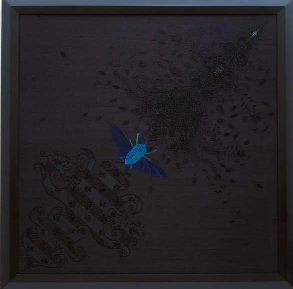 black embroidery with insect by angelo filomeno