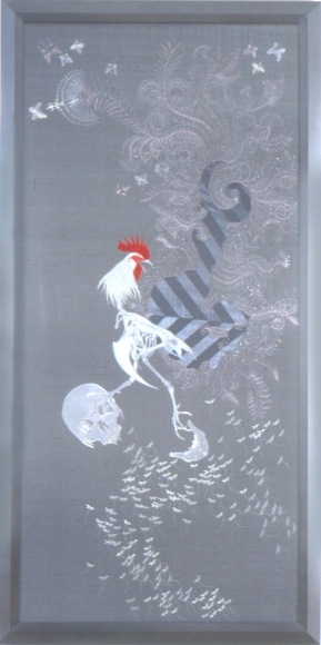 grey embroidery with chicken by angelo filomeno