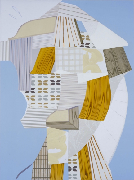 abstract painting with logs and blue and brown shapes by kevin appel