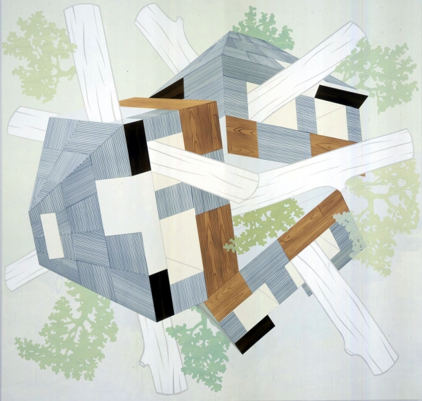 Abstraction by Kevin Appel with logs and green, grey and off white geometrics