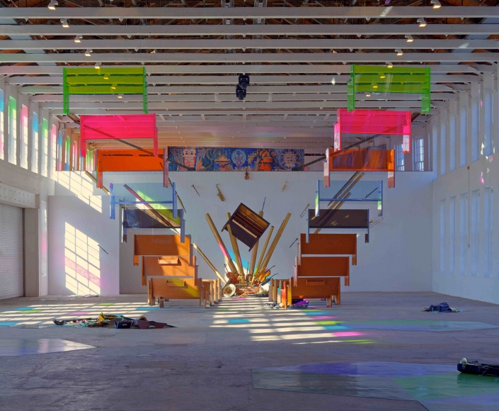 an installation view of Sanford Biggers's museum exhibition