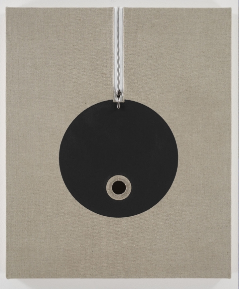 linen panel zipper and black circle by donald moffett