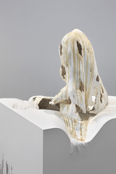detail of a sculptural work of contemporary art by Diana Al-Hadid on view in a NYC gallery