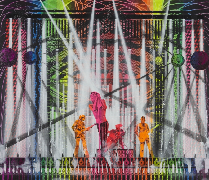 a painting of a concert by barnaby furnas in bright, neon colors