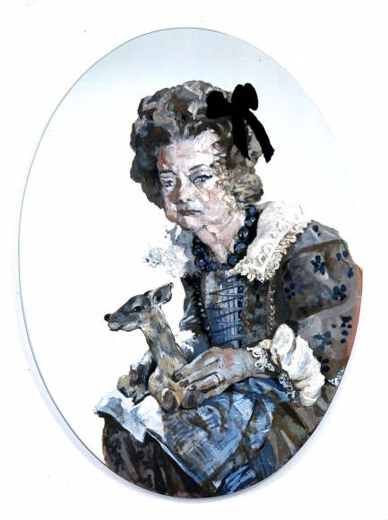 blue roundel of elderly woman with dog by rachel feinstein