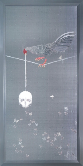 grey embroidery with rooster and skull by angelo filomeno