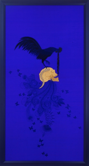 blue embroidery with skull and bird by angelo filomeno