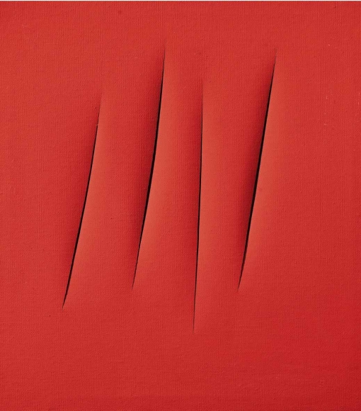 red painting by lucio fontana with slits