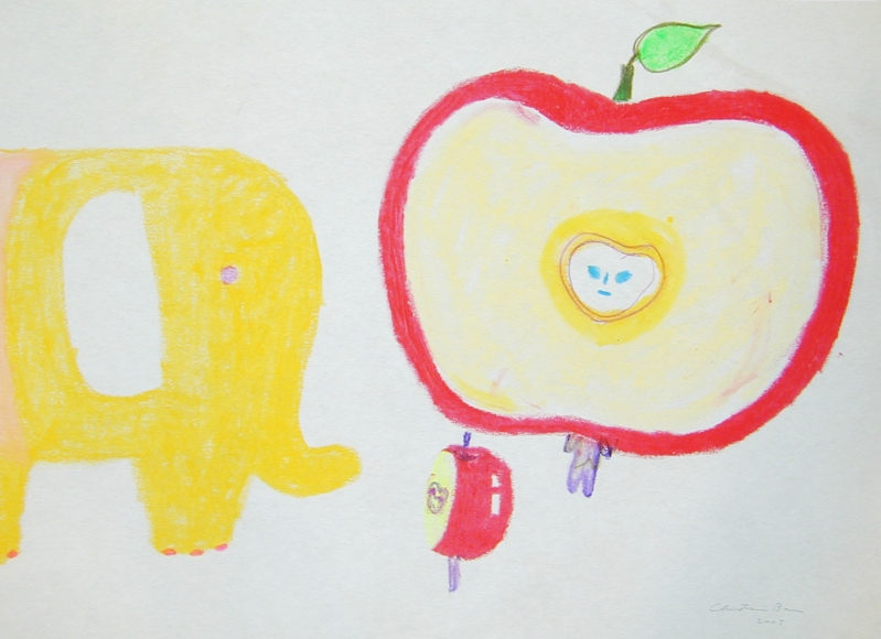 yellow elephant and anthropomorphized apple