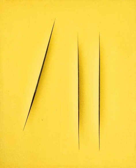 yellow painting by lucio fontana with slits