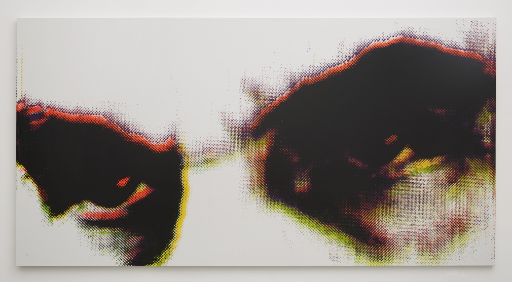 white painting with pixel-like colorful forms by andisheh avini