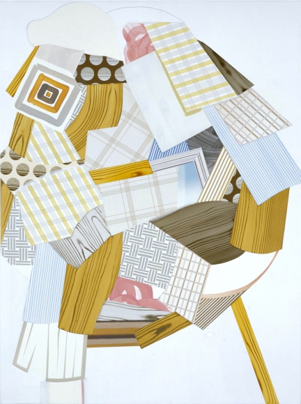 abstract painting with logs and pink, brown, and blue shapes by kevin appel