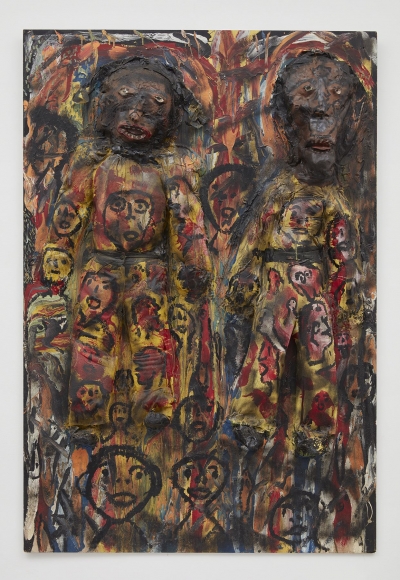 Suspects, 1989, Cloth, enamel, spray paint and industrial sealing compound on wood