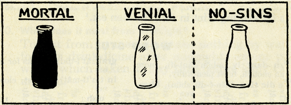 drawings of three bottles with "mortal, venial, no sins" by john waters
