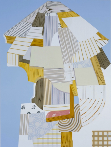 abstract painting with logs and blue and brown patterned shapes by kevin appel