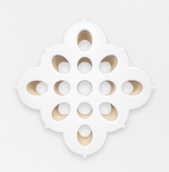 Lot 021416 (spore case 1, white), 2016, Pigmented epoxy resin on wood panel support with steel tubing 