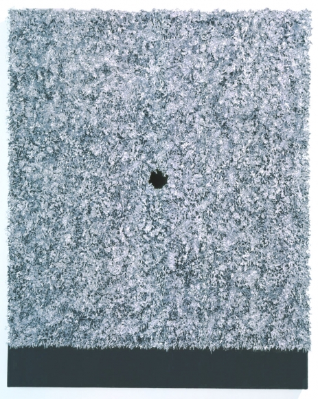 grey square piece with hole by donald moffett