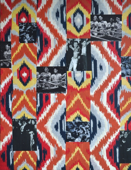 work by melissa gordon with photographs set against a red and blue patterned background