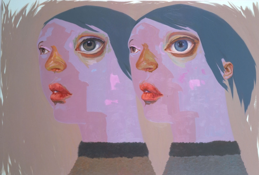 double portrait of women with purple faces